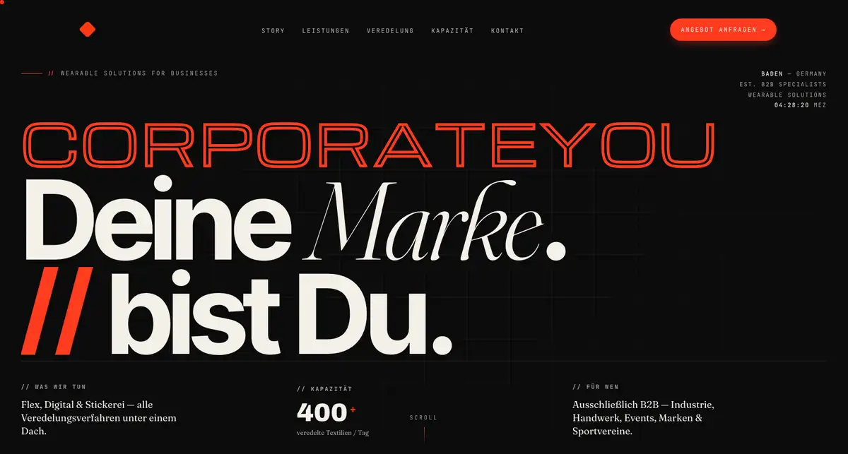 CorporateYou homepage with oversized editorial typography in black, cream, and signal red