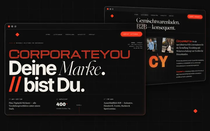 CorporateYou website redesign shown in two complete dark editorial browser panels