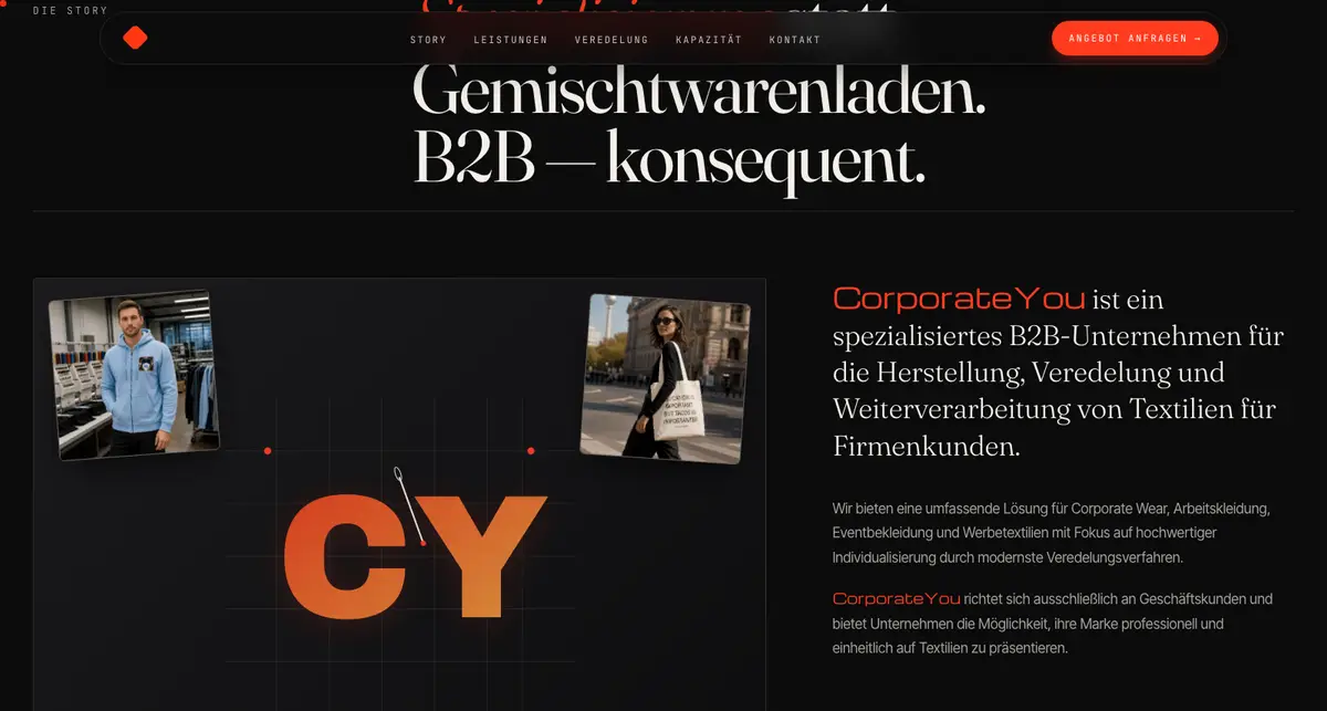 CorporateYou story section showing branded workwear, embroidery equipment, and the CY monogram