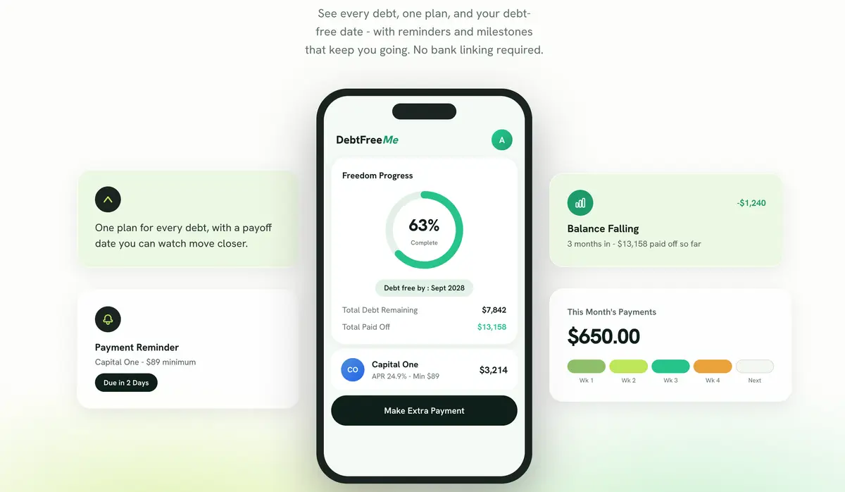 DebtFreeMe app preview showing payoff progress, debt balances, and payment reminders