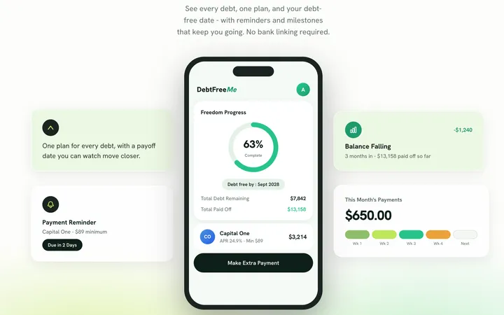 DebtFreeMe app with a debt payoff dashboard, payment reminder, and monthly payment overview