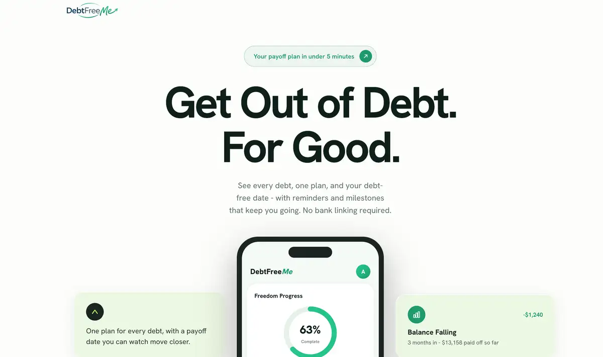 DebtFreeMe website introducing the debt planning app with its green and white visual identity