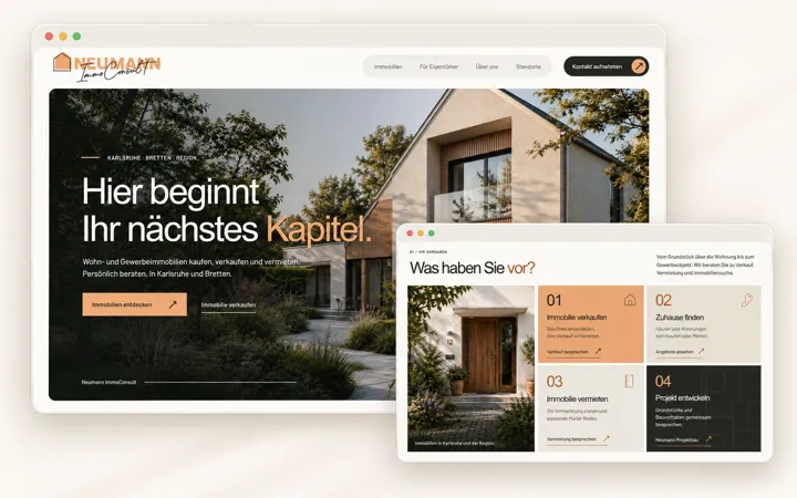 Neumann ImmoConsult website redesign shown in two complete browser panels