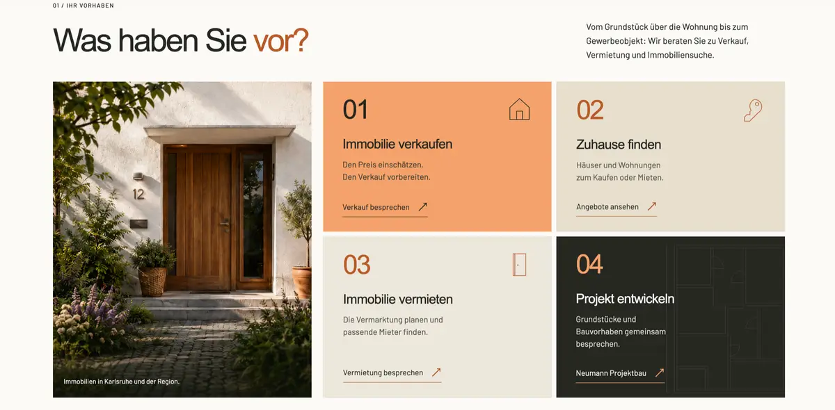 Neumann ImmoConsult service section for selling, buying, renting, and property development