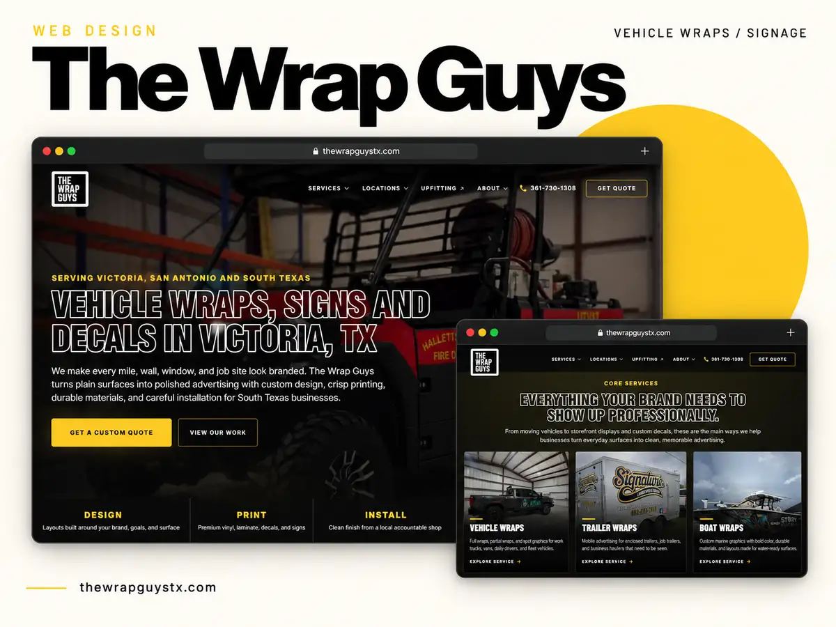 The Wrap Guys website design shown in two browser panels, with black-and-yellow branding and vehicle wrap photography