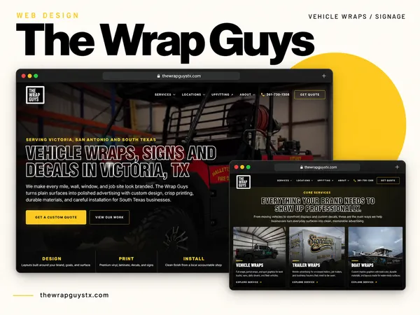 The Wrap Guys website showcase with homepage and vehicle, trailer, and boat wrap service previews